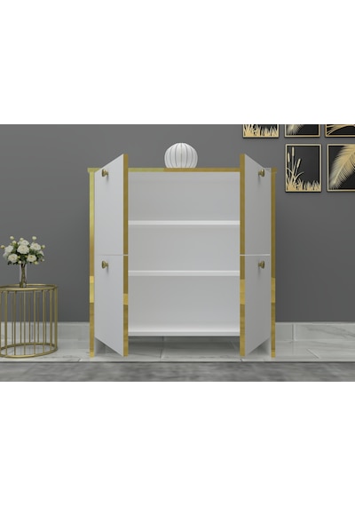 %100 Mdf 2 Kapaklı Küp Altın Sarısı Desenli Gövdeli Ayakkabılık Beyaz