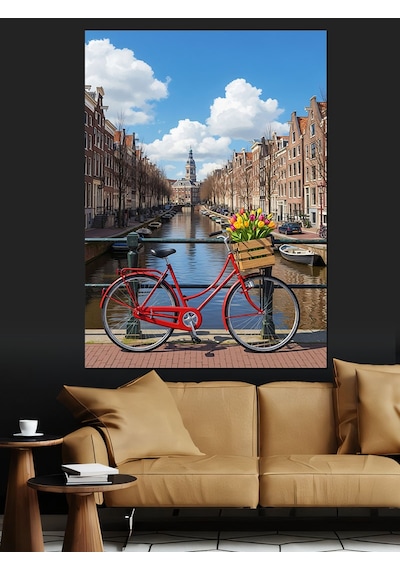 Ahşap Tablo Amsterdam Kanalları Ve Bisikletli Şehir Manzarası