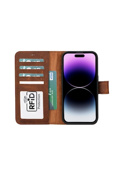 Apple Apple iPhone 15 Pro Uyumlu Deri Cüzdanlı Kılıf Mwwn G2 Kahve Diğer