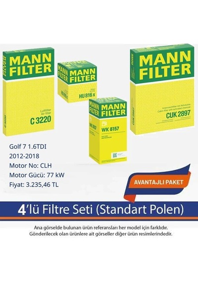 Netpar Volkswagen Golf 7 1.6tdı 2012-2018 Mann 4'lü Filtre Seti-clh