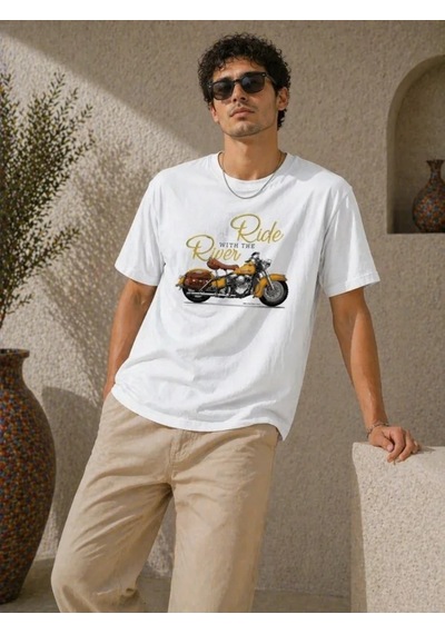 Modi Erkek Motosiklet Baskılı Tişört Bisiklet Yaka Kısa Kol Yazlık T-shirt - Beyaz Açık Beyaz