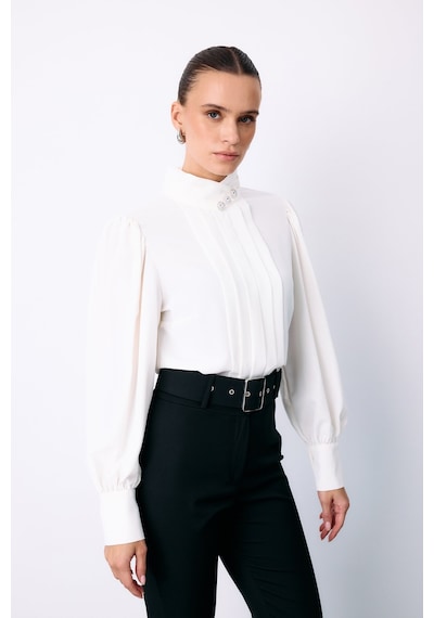 Sateen Nervür Detaylı Bluz - Ekru-135423 Ekru