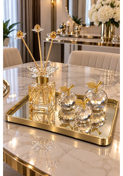 Dekoratif Modern Gold Tepsi 3lü Gold Kristal Elma Seti Ve Koku Şişesi Seti Ev Süs Eşyası Altın