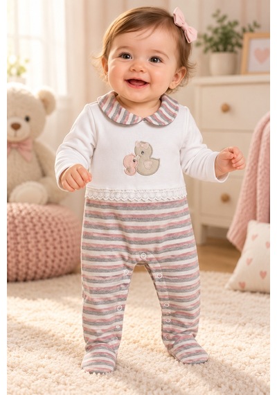 Messlife Ördek Nakışlı Çizgili Kız Bebek Tulumu Beyaz - 929694752 Beyaz