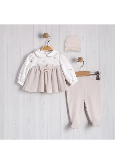 Lamato Baby Kelebek Baskılı İnci Aksesuarlı Bebe 2'li Kız Takım Bej