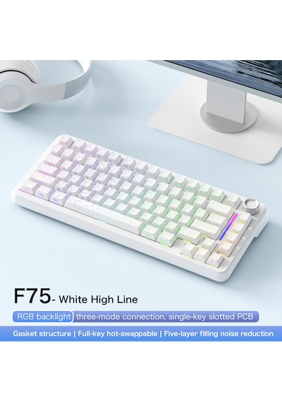 Freewolf F75 Kablosuz Mekanik Oyun Klavyesi %75 Hot-swappable Üç Modlu Bağlantı 4000 Mah Bataryalı