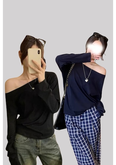 Siyah Lacivert 2 Li Paket Kadın Düşük Omuz Kayık Yaka Oversize Uzun Kollu T-shirt Siyah - Lacivert