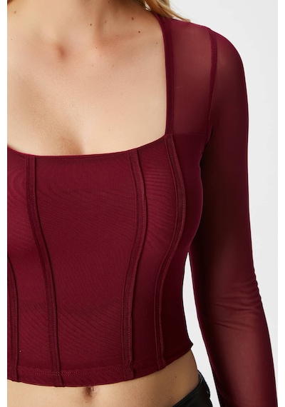 Ritnice Kadın Alina Korse Görünümlü Bordo Tül Crop Bluz Bordo