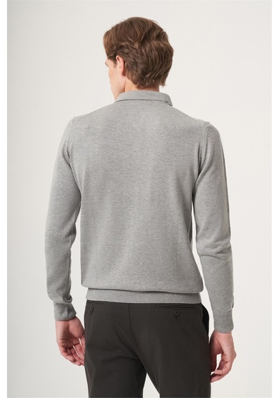 İmza Gri Polo Yaka Uzun Kol Örme Comfort Fit Pamuklu Kazak 1012265150