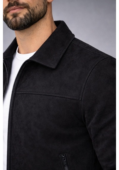 Baselco Basic Slim Fit Polo Yaka Süet Ceket Siyah