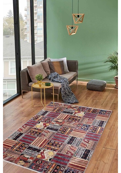 140x200 Cm Hangzhou Bordo Patchwork Yün El Dokuma Modern Geometrik Etnik Eskitme Desenli Boho Oturma Odası Salon Yollu Genel