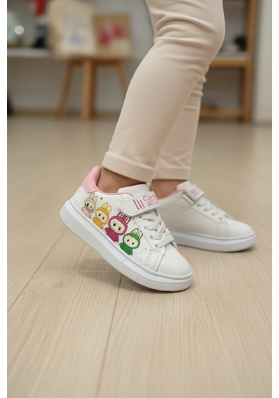 Enoch Sevimli Karakter Baskılı Cırt Cırtlı Çocuk Sneaker Beyaz - Pembe