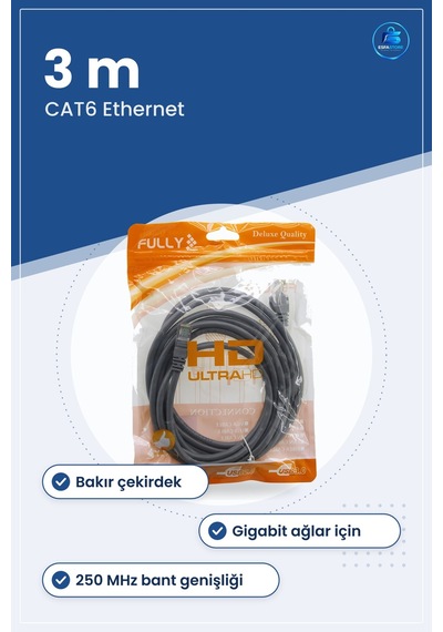 Network Kablosu Cat6 Ethernet 3 M Bakır Çekirdek Pvc Kılıf Gigabi
