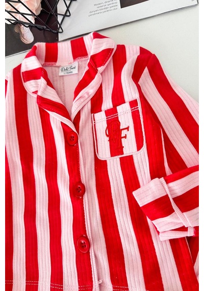 Minigimin Cicileri Çizgi Desenli Terlikli Kız Çocuk Pijama Takımı - Kırmızı