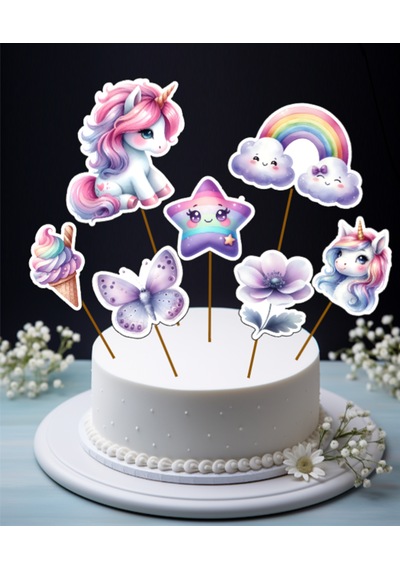 Unicorn Gökkuşağı Büyük Boy Pasta Kürdanı Pasta Süsü 7 Parça