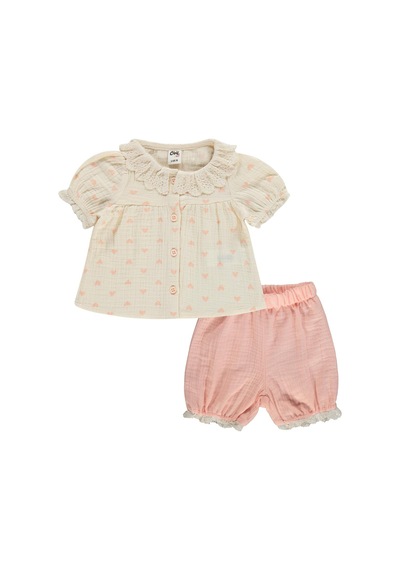 Civil Baby Yaka Dantelli Kalp Baskılı 6-18 Ay Takım - Bej Krem