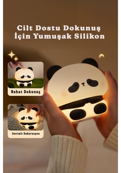 Rgb Işıklı Dokunmatik Panda Gece Lambası Silikon Yumuşak Malzeme, Renk Değiştiren Çocuk Gece Lambası Beyaz