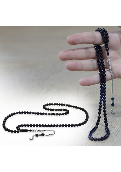 Tesbihname Sıkma Kehribar Namaz Tesbihi - 925 Ayar Gümüş Vav Püsküllü - Süzme Mavi Siyah - Küre Kesim Çok Renkli