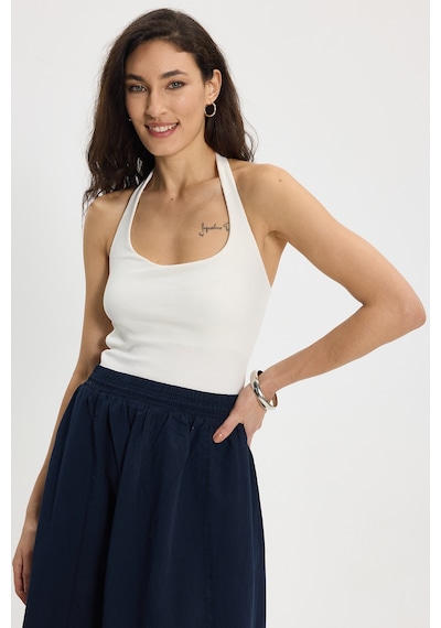 Tudors Kadın Slim Fit Dar Kesim Pamuklu Halter Yaka Kaşkorse Ekru Crop-50711