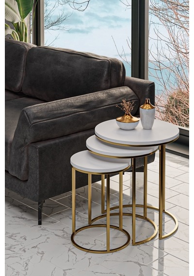 Usta Mekan 3'lü Parlak Gold Ayak Beyaz Tabla Zigon Servis Salon Sehpa Gold - Beyaz