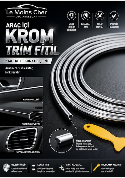 Tesla Model 3 Long Range Araç İçi Krom Trim Fitil 2 Metre Nikelaj Dekoratif Şerit