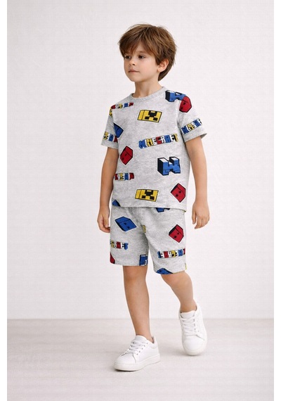 Beka Kids Erkek Çocuk Kısa Kollu Bisiklet Yaka Desenli Pijama Takımı Alt-üst Takım Çok Renkli