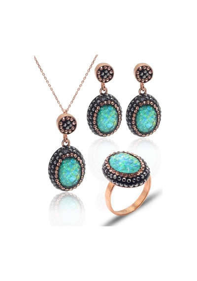 Yeşil Paraiba Ve Swarovski Taşlı 925 Ayar Gümüş Kadın Üçlü Set 201025578