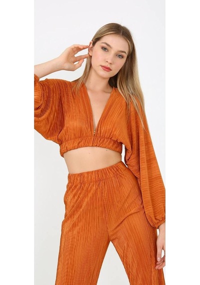 Fashion Cocktail Zarif V-yaka Fitilli Akordiyon Kumaş Crop Pantolon Takım Taba Taba