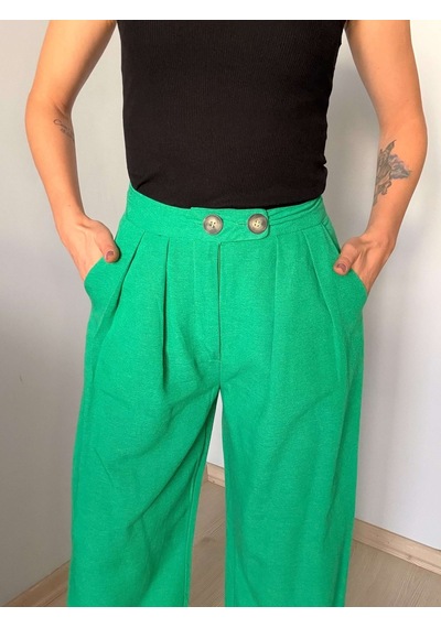 Ali Butik Yeşil Çift Pileli Keten Pantolon Yeşil