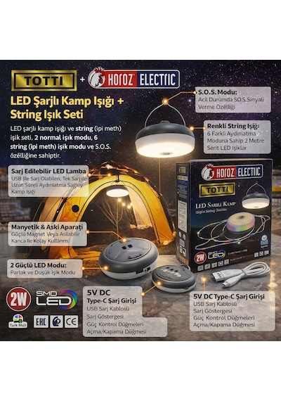 Horoz 084-050-0002 Totti 6400 + Rgb Taşınabilir Şarjlı Kamp Feneri Beyaz - Gri