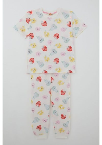 Paty Kıds Kız Çocuk Pijama Takımı Kısa Kollu Neşeli Meyveler 8-12 Yaş, Beyaz