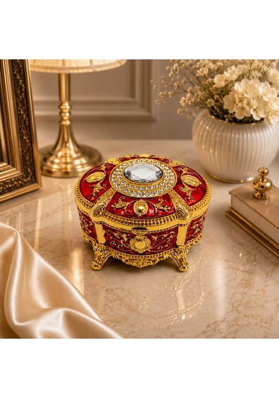 Kristal Taşlı Oval Mücevher Kutusu Kadife İç Kaplamalı Gold İşlemeli Takı Kutusu Dekoratif Saklama Kutusu Kırmızı