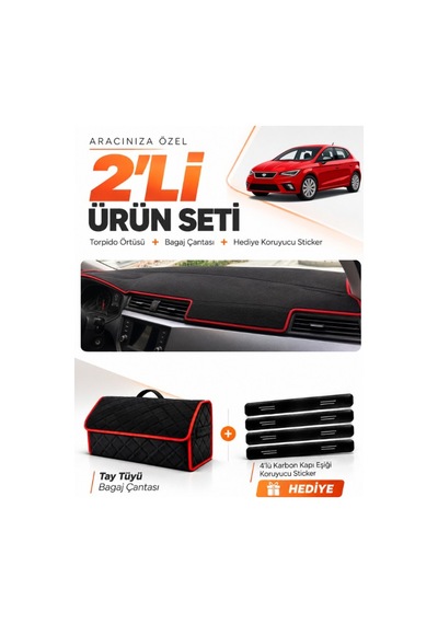 Seat Ibıza 2017-2021 Uyumlu Torpido Örtüsü + Tay Tüyü Bagaj Çantası + Sticker Seti - Siyah Kırmızı