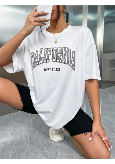 California W.c T-shirt - Beyaz Baskılı Oversize Bisiklet Yaka Kısa Kol Tişört Beyaz