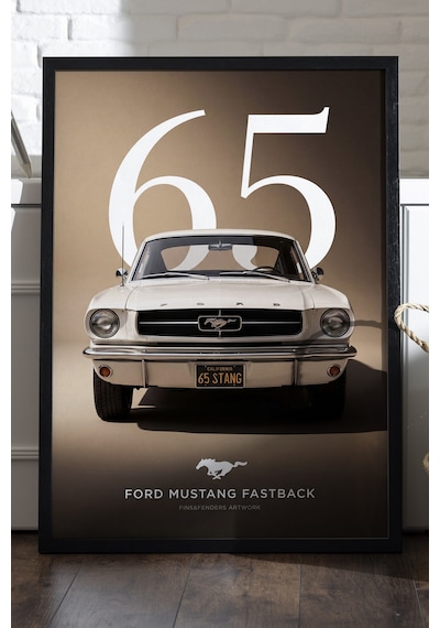 Ford Mustang Fastback Siyah Ahşap Çerçeveli Poster, Dekoratif Araba Duvar Tablosu