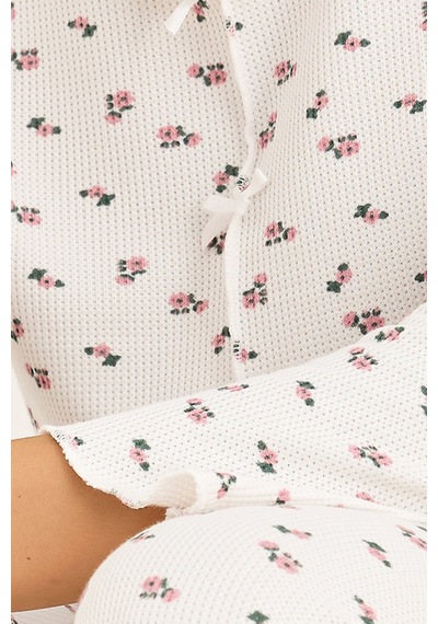 Siyah İnci Waffle Kumaş Örme Pijama Takım 7944 Ekru