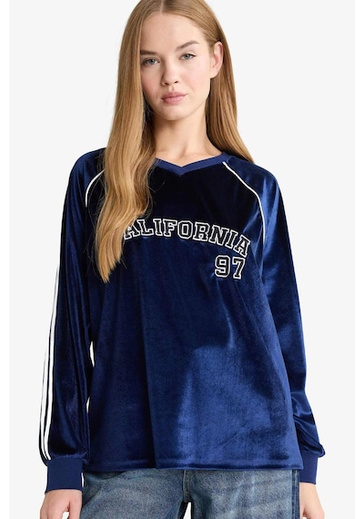 Defacto Oversize Geniş Kalıp V Yaka Baskılı Kadife Sweatshirt G3728ax25wnnv58 Lacivert-nv58