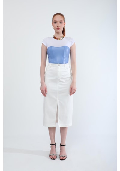 Banny Jeans Önden Yırtmaçlı Likralı Midi Etek Beyaz