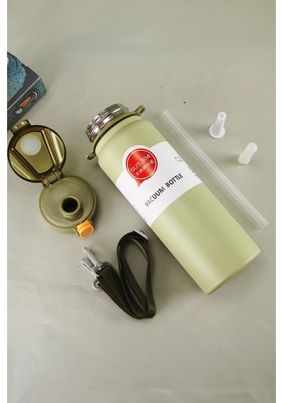 304 L Çelik Yeşil 800 Ml Askılı Ve Pipetli Matara Suluk Cin411ys