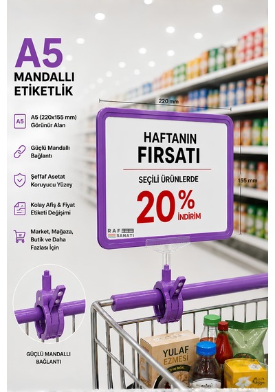 A5 Mandallı Etiketlik Fiyatlık Sepet Raf Askılık Fiyat Etiketi Çerçeveli Market Mağaza Mor