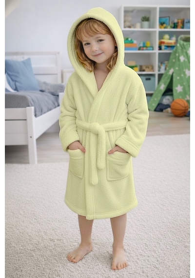 Luna Soft Kız / Erkek Çocuk Kapşonlu Pamuklu Bornoz Peluş Sabahlık 5/6 Yaş Su Yeşili