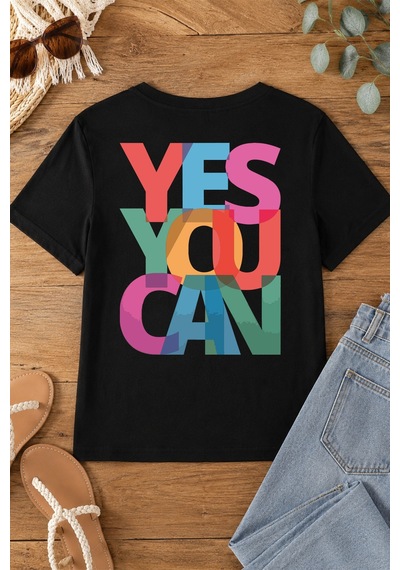 Spoyi Yes You Can Tasarımlı %100 Pamuk Yarım Oversize Siyah T-shirt