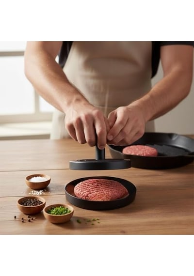 Yapışmaz Büyük Boy Hamburger Köfte Kalıbı - Paslanmaz Çelik Karbon Kaplama Premium Burger Presi Mükemmel Şekilli Köfte Makinesi
