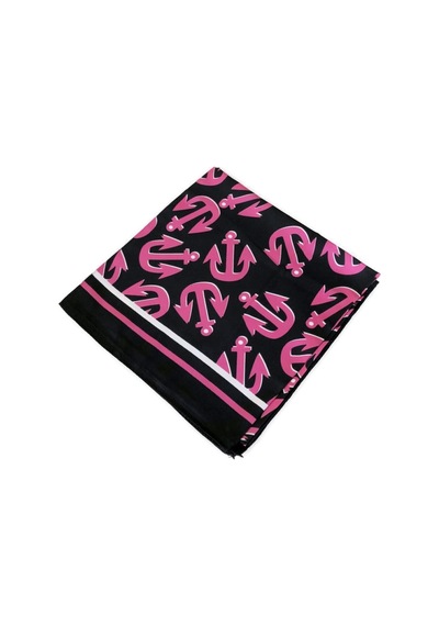 Tikitonki Pembe Çapa Figürlü Saten Siyah Eşarp - Kare Kesim 90x90 Çok Renkli Çok Renkli