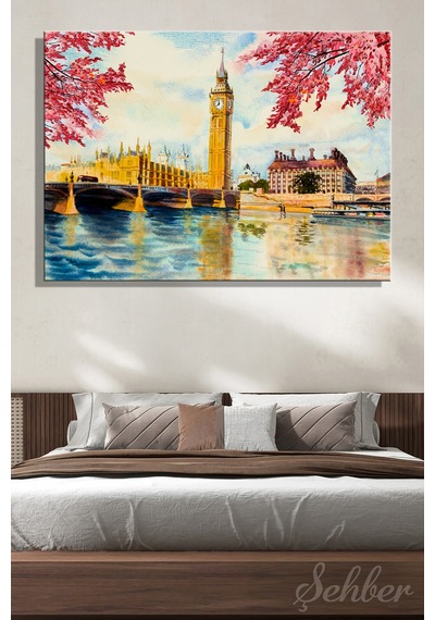 Suluboya Tarzında Thames Nehri Kıyısındaki Big Ben Saat Kulesi Yatay Kanvas Tablo 4018 Çok Renkli
