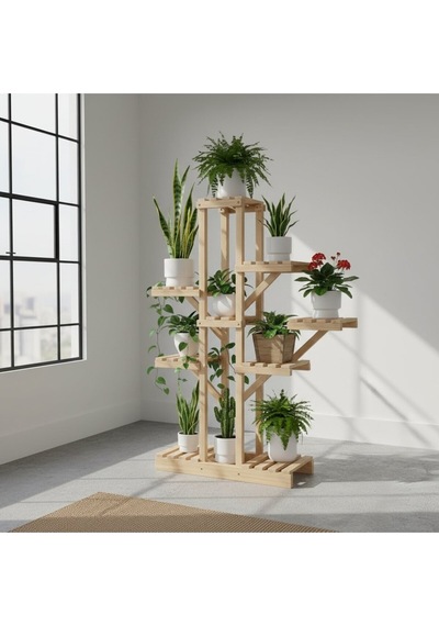 Ahşap Çok Katlı Çiçeklik Saksı Standı - 120 Cm Yükseklik 100 Cm Genişlik - Dekoratif Saksı Rafı Bej