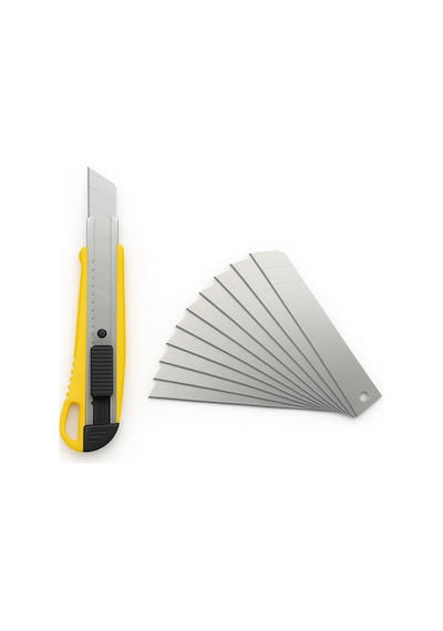 Profesyonel Maket Bıçağı, 10 Adet Yedek Paslanmaz Çelik Bıçaklı, 18 Mm Segmentli, Ergonomik Kaymaz Sarı Sap, Otomatik Kilit Mekanizmalı, Karton, Halı, Plastik, Kağıt Ve Deri İçin Çok Amaçlı Kesici.