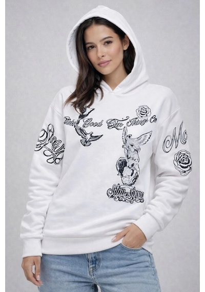 Kadın 3 İplik Pamuklu Kapüşonlu Baskılı Sweatshirt Hoodie - Beyaz