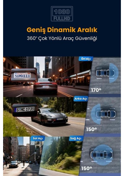4 Lensli Full Hd 1080p 3.16" Ekran Araç İçi Kamera 4 Kamera Ayarlanabilir Açı Hareket Algılama