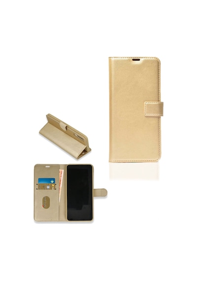 Huawei Psmart Pro 2019 Cüzdanlı Kartlık Bölmeli Deri Kapaklı Standlı Kılıf Gold